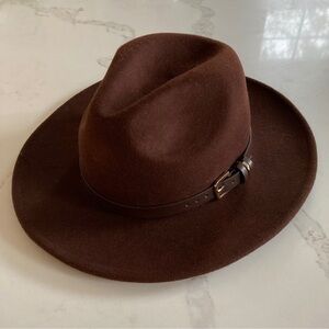 Chocolate Brown Wool Felt Hat with Leather Gold Buckle Strap